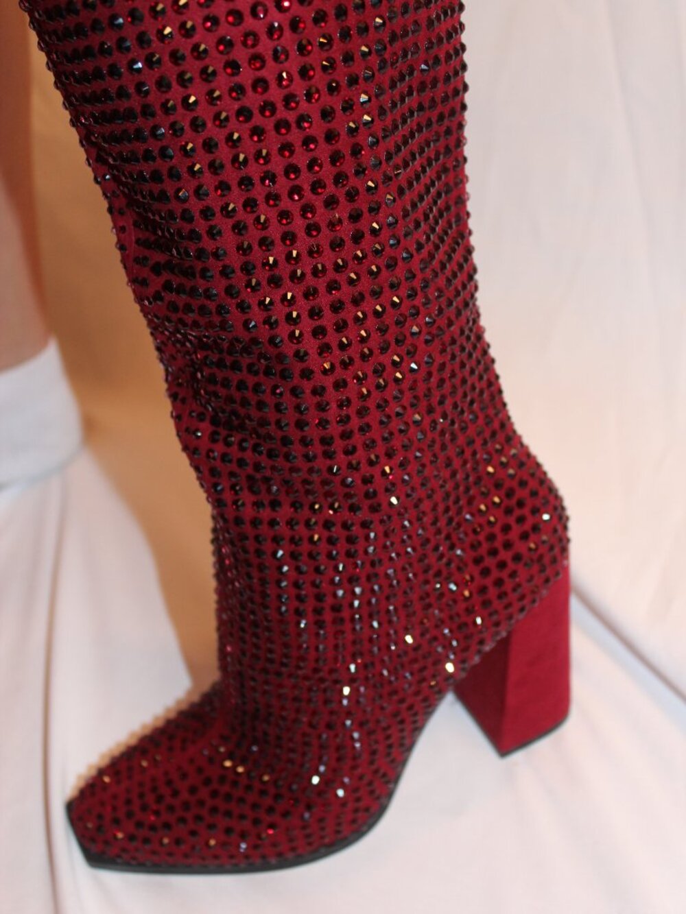 Women’s Red Rhinestone Block Heel Boots